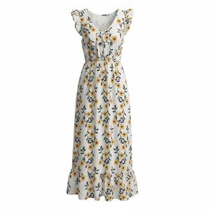 Bohme Mid Shin Length, Embroidered, Sunflower dress with pockets 100% cotton